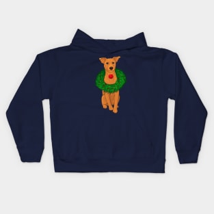 Cute brown staffy dog with a Christmas wreath Kids Hoodie